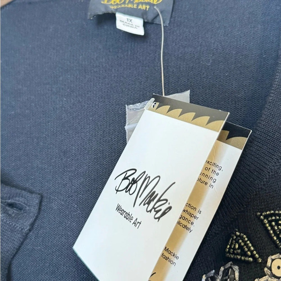 Bob Mackie Wearable Art Black Cardi With Sequins Design Cardigan 100% Cotton - Picture 5 of 10